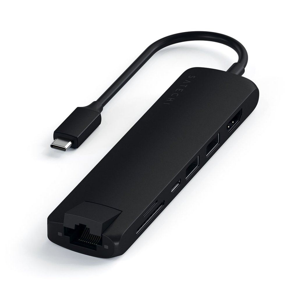 Satechi Slim USB-C MultiPort med Ethernet - HDMI, USB 3.0-porte og kortlæser - Sort